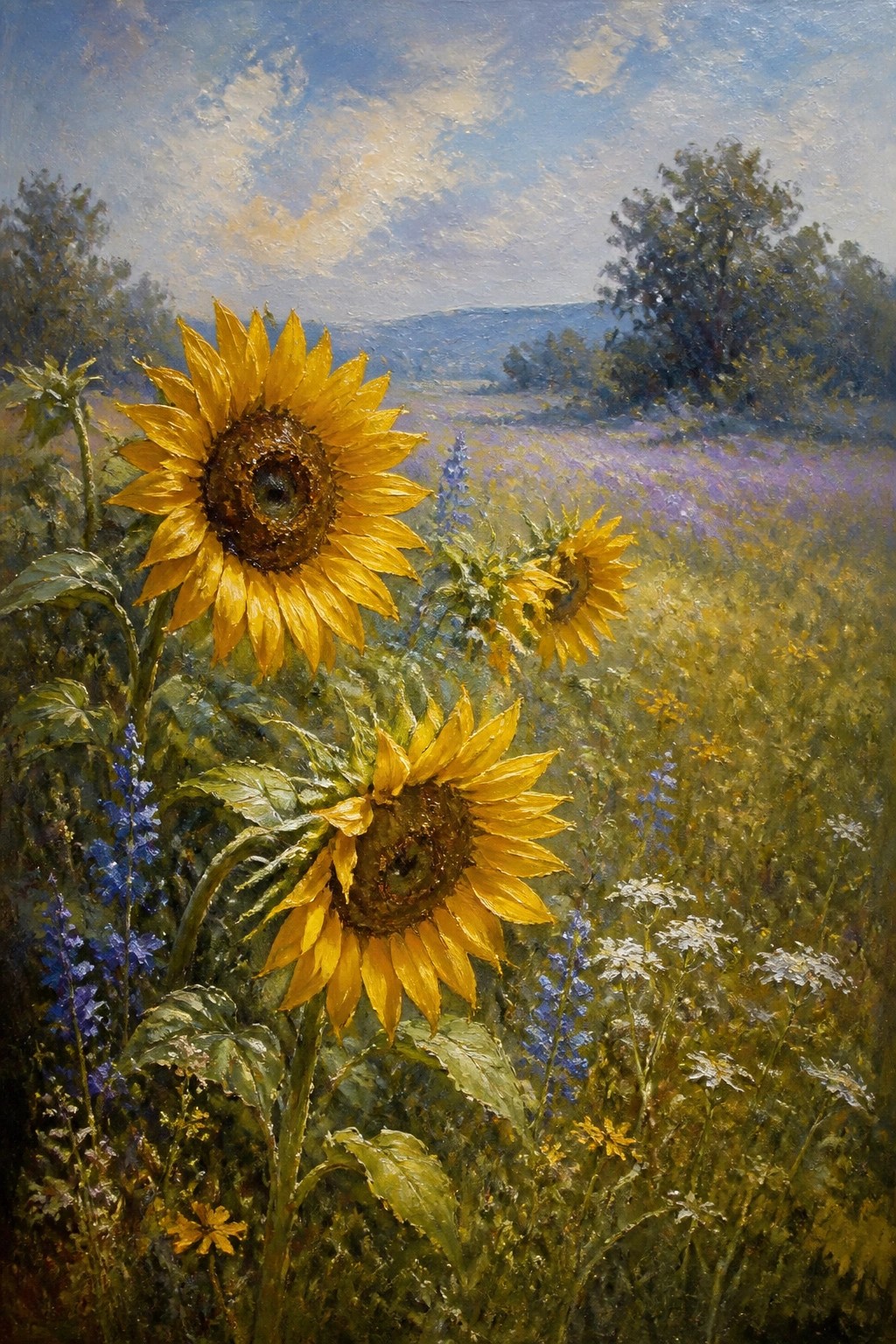 Vibrant yellow sunflowers bloom amid wildflowers in a lush meadow with trees.