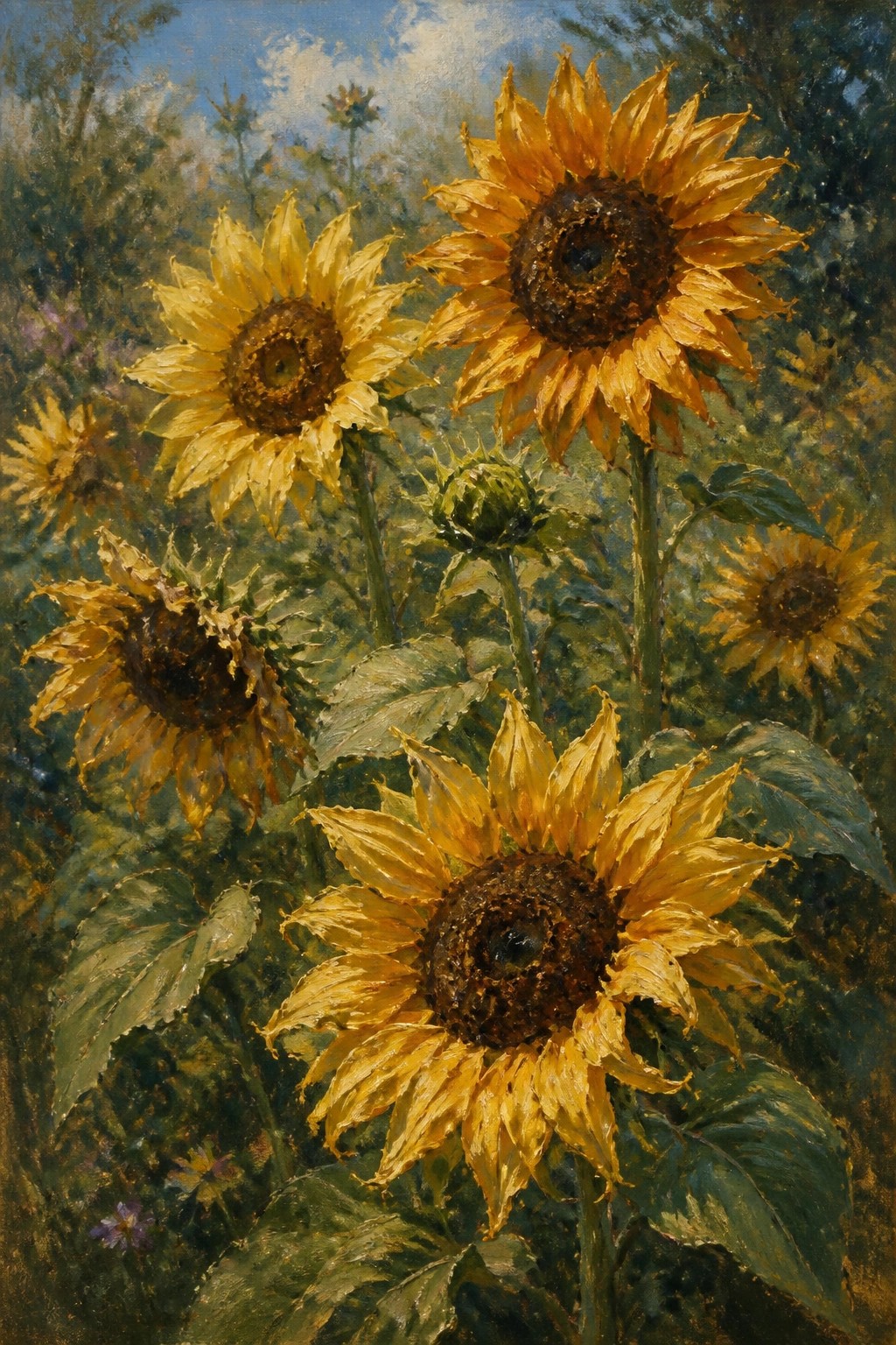 Vibrant yellow sunflowers with textured petals amid green leaves under blue sky.