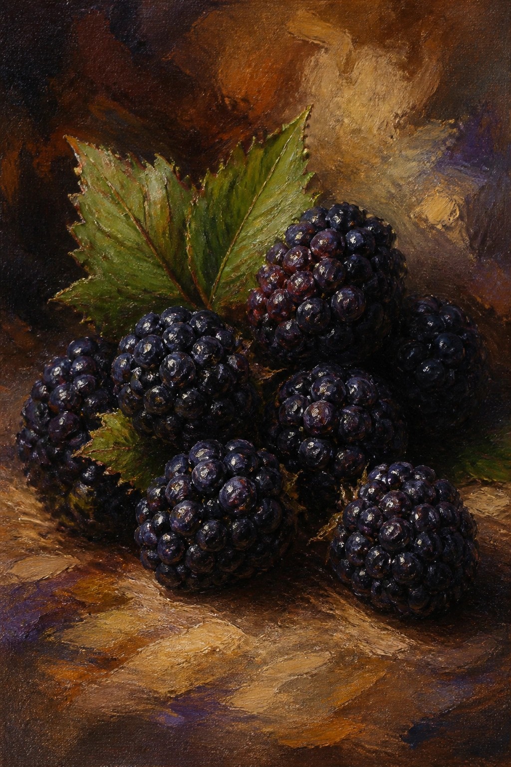 Plump blackberries with green leaves on a textured brown surface in oil paint