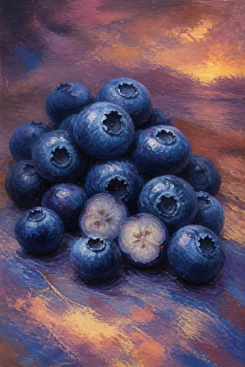Oil painting of ripe blueberries piled on wood, some halved, under vibrant sunset hues.