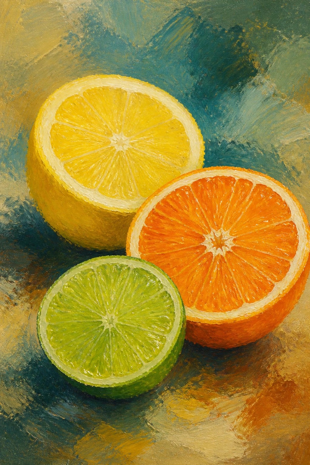 Oil painting of a halved lemon, orange, and lime resting on a textured surface with blended background colors.