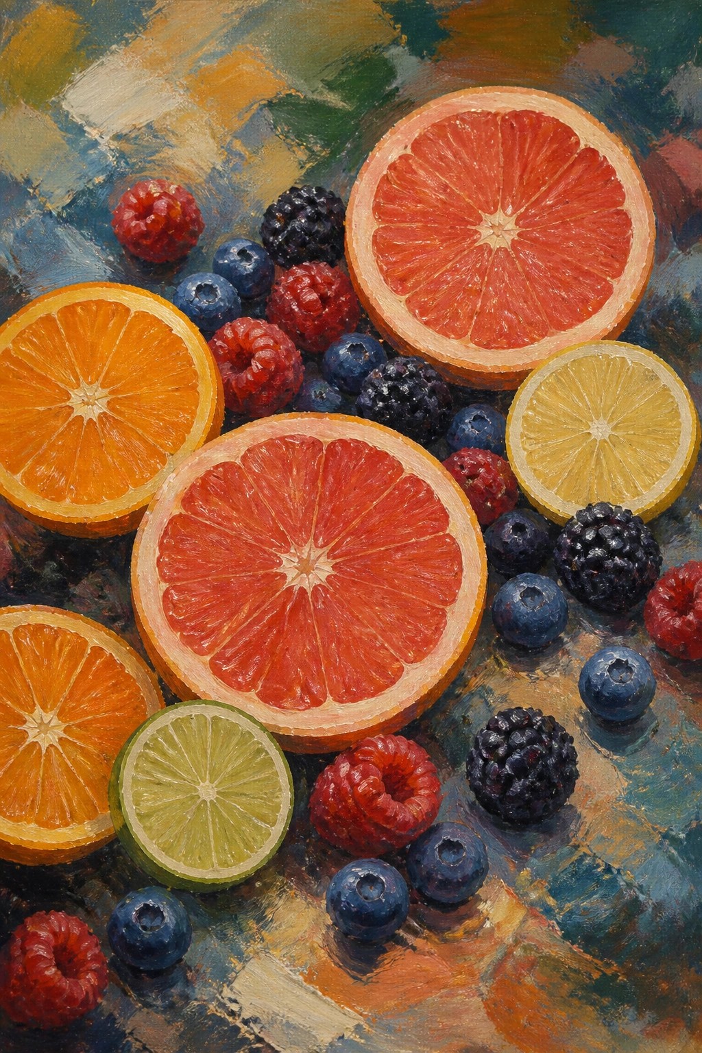 Sliced grapefruits, oranges, lemon, lime and mixed berries on colorful painted surface.