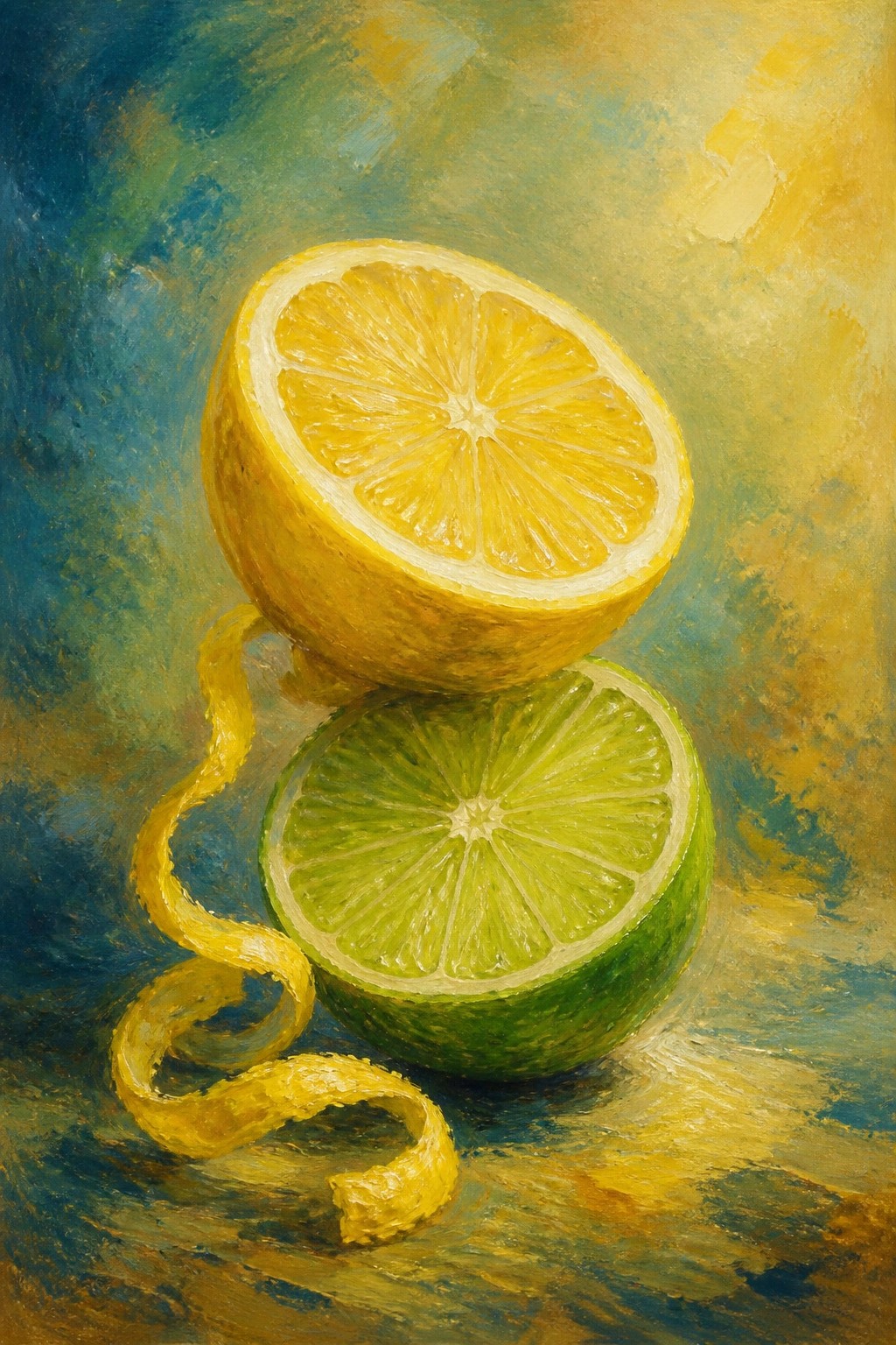 Oil painting of halved lemon atop lime with curled yellow peel