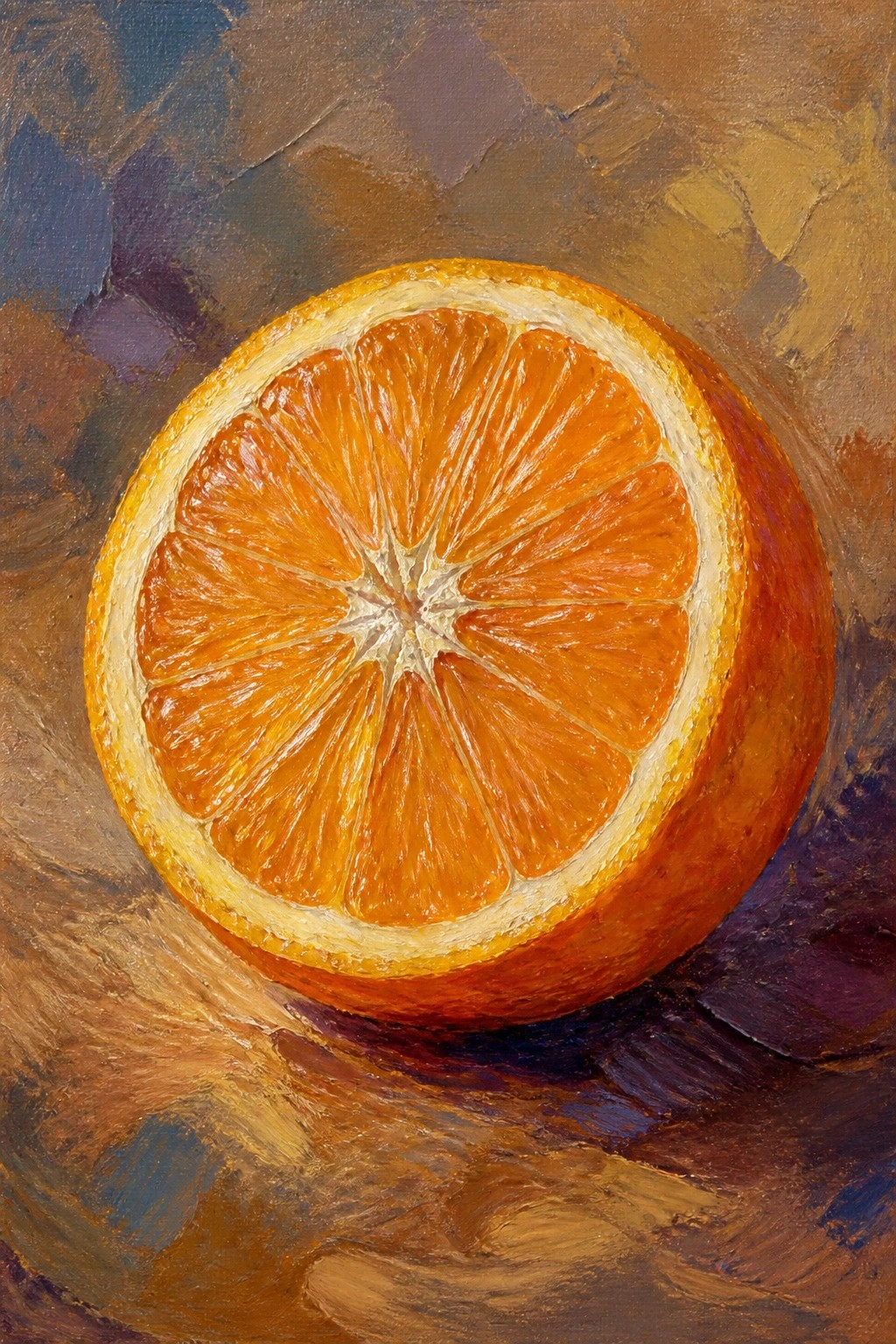 Oil painting of a halved orange with juicy segments on textured brown background.