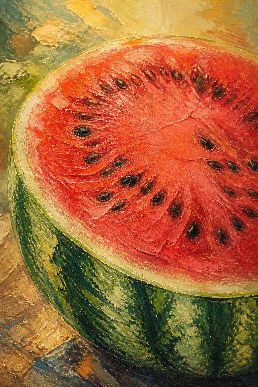 An oil painting of a large halved watermelon showing red flesh with black seeds and green rind on a textured surface.