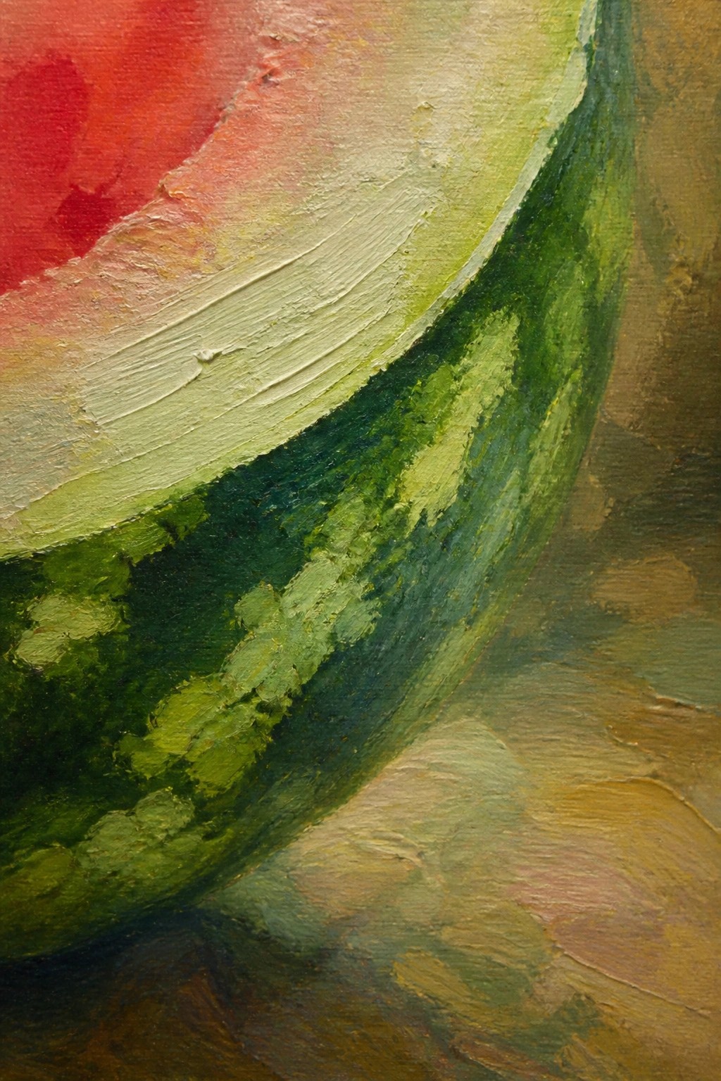 Close-up of oil painting showing watermelon slice with thick red and green brushstrokes.