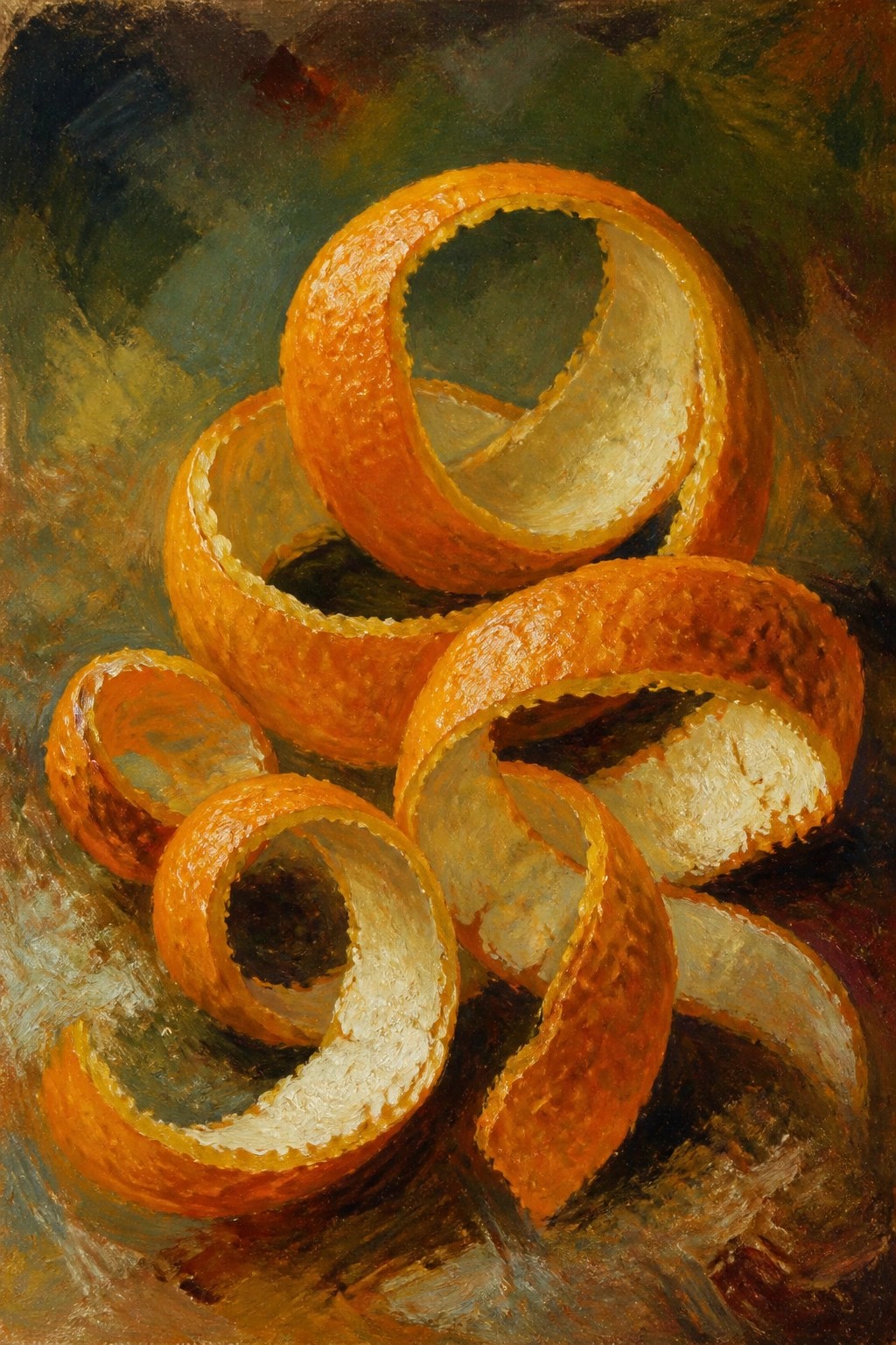 Thickly painted orange peel spirals on a dark green and brown background