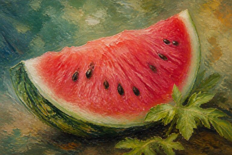 Oil painting of a large sliced watermelon showing red flesh with black seeds, green rind, and scattered green leaves in the foreground and background.