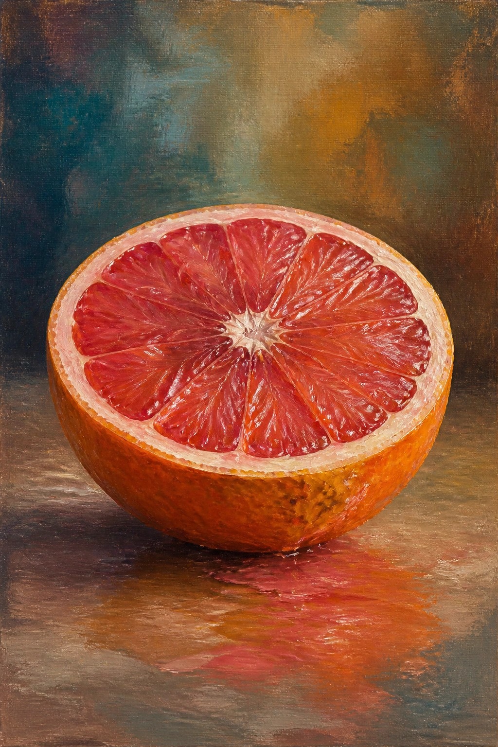 An oil painting of a halved grapefruit with red segmented flesh and textured rind resting on a surface with a red reflection.