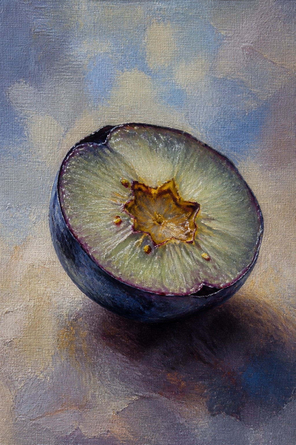An oil painting of a halved dark blue plum with greenish flesh and a star-shaped brown center on a textured surface.