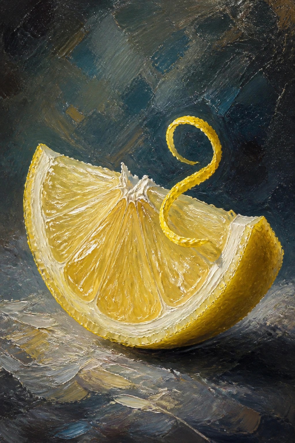 An oil painting of a cut lemon wedge with a long curled rind against a dark textured background.