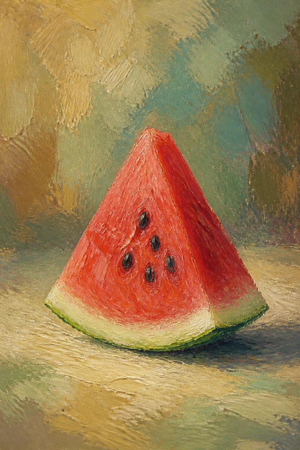 Oil painting of triangular watermelon slice with red flesh and black seeds