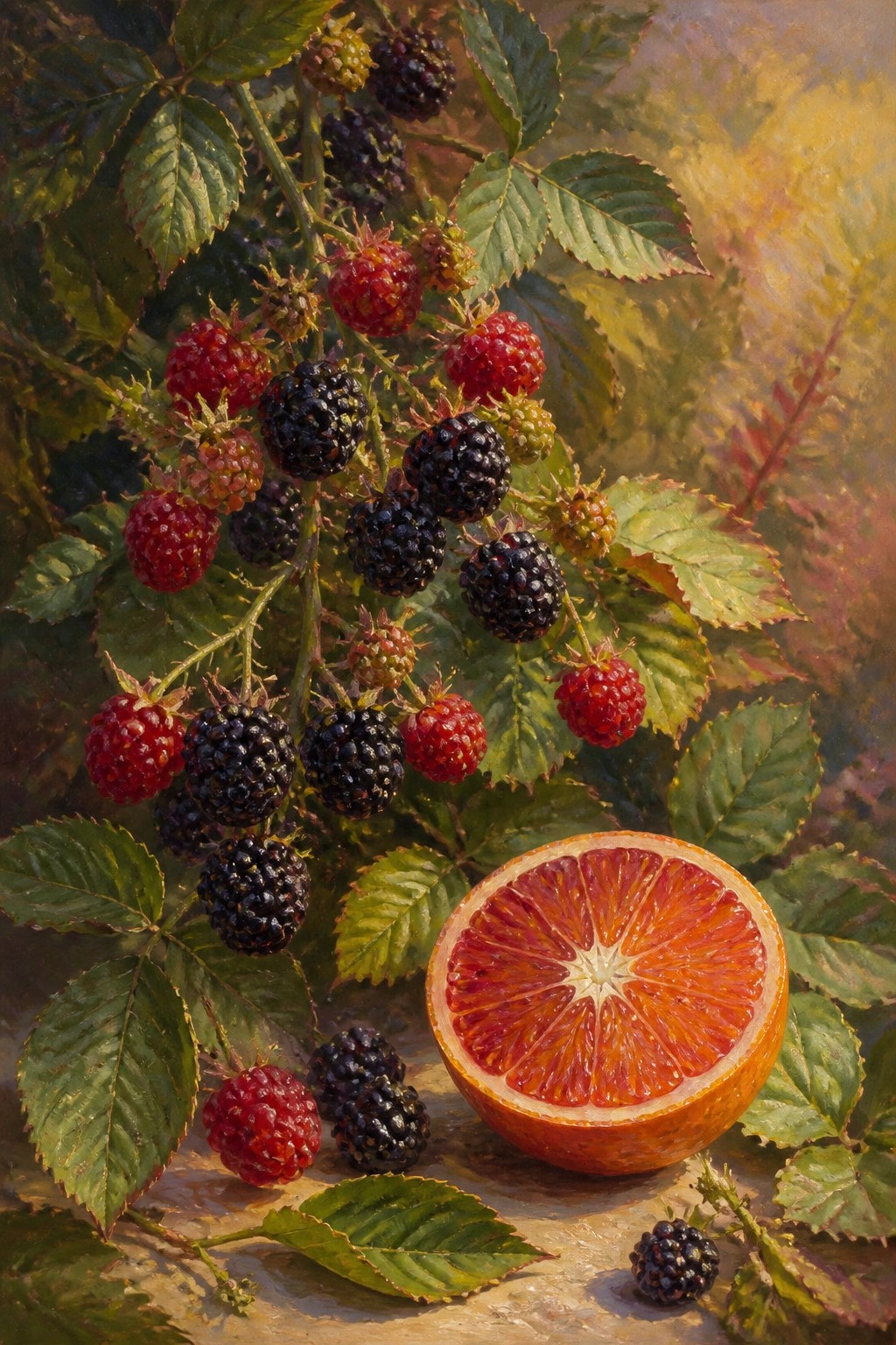 Lush blackberry bush with red and black berries beside halved blood orange.