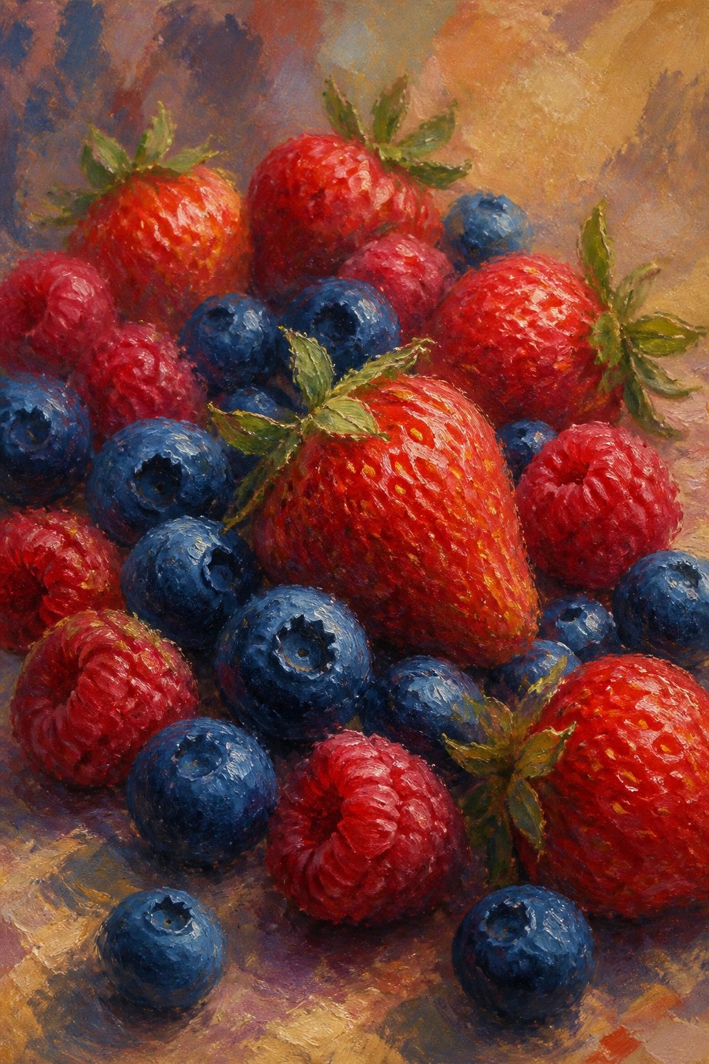Vibrant oil painting of piled strawberries, blueberries, and raspberries with textured brushstrokes