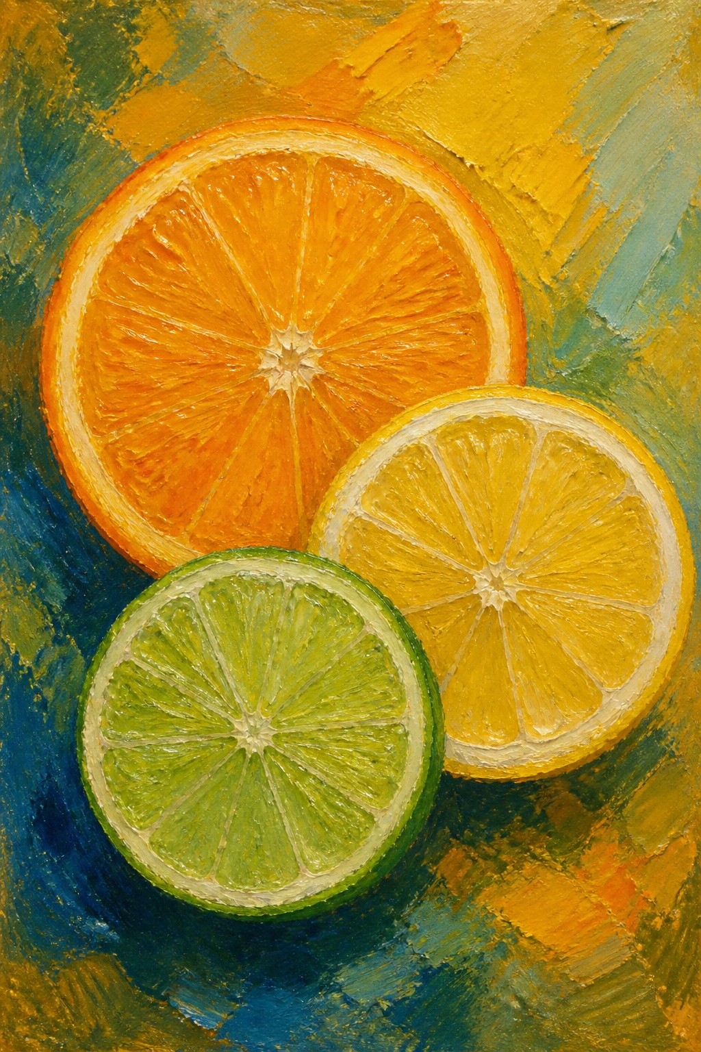 Oil painting of sliced orange, lemon, and lime on vibrant background