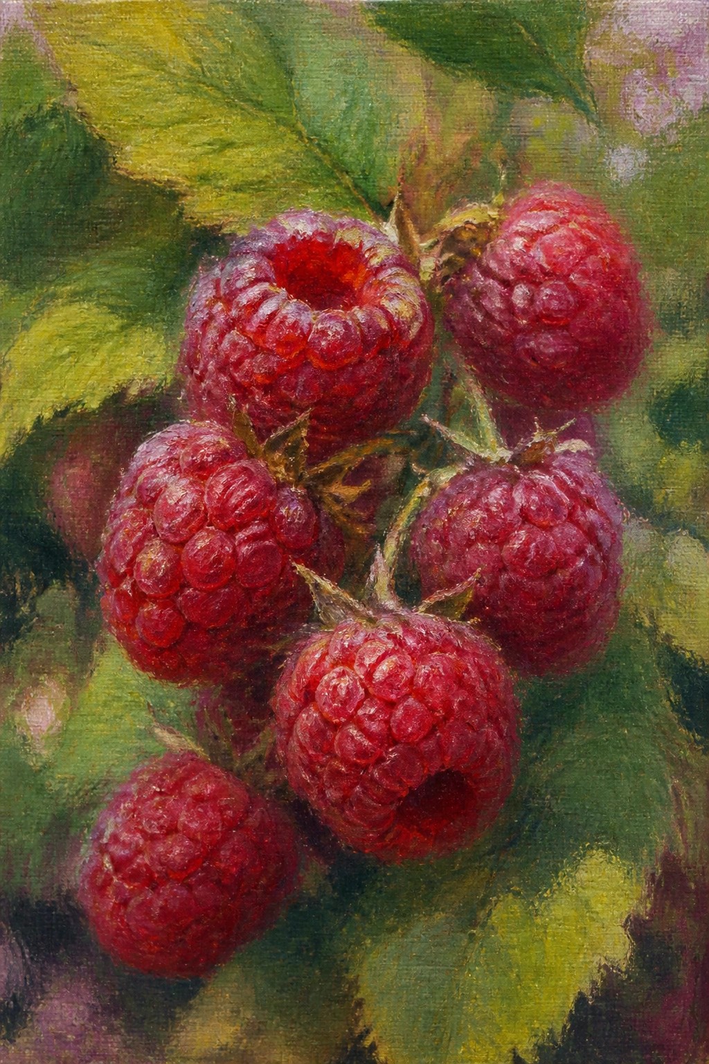 Close-up oil painting of several ripe red raspberries clustered on stems with green leaves behind them.