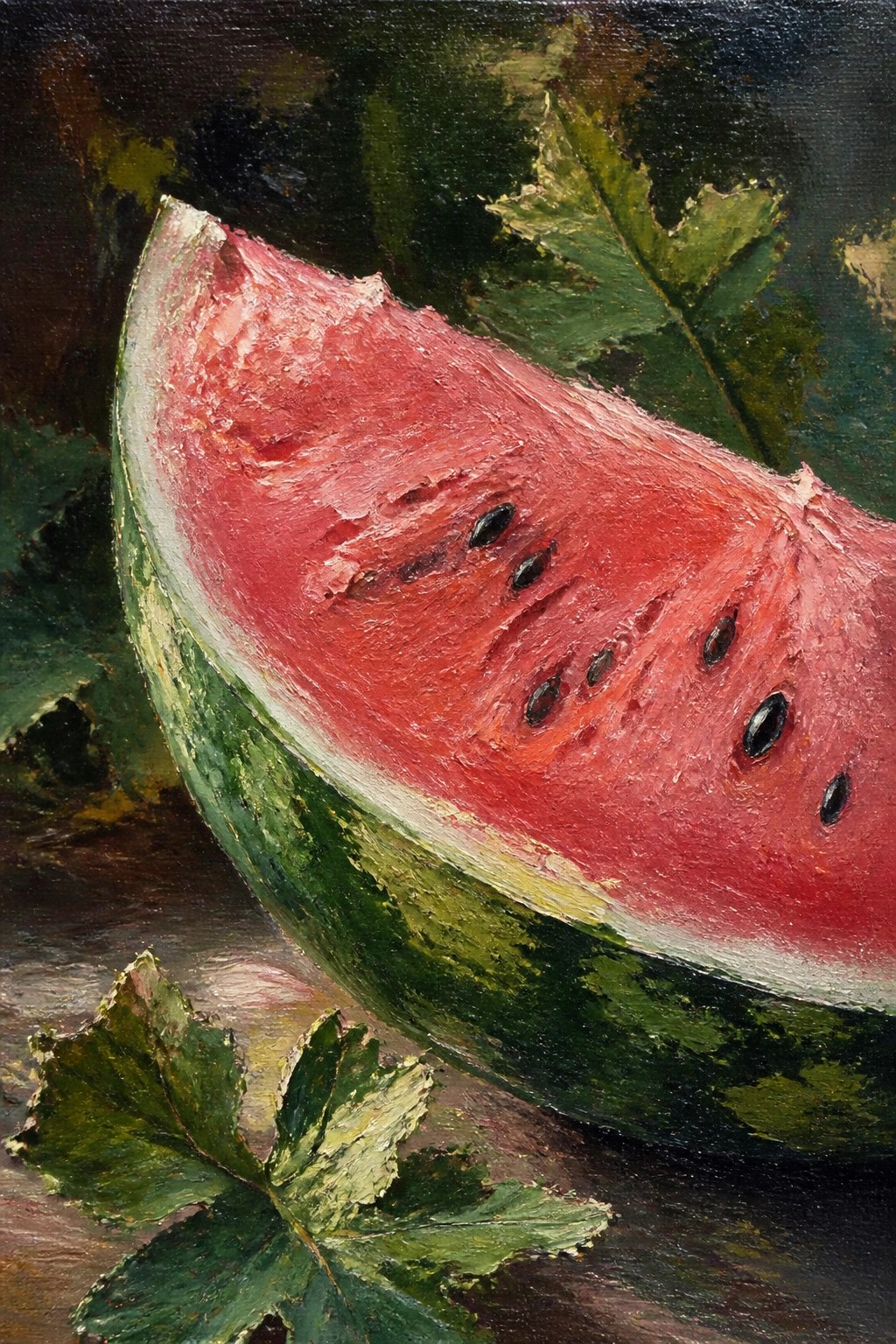 Oil painting of a large sliced watermelon showing red flesh with black seeds, green rind, and scattered green leaves in the foreground and background.