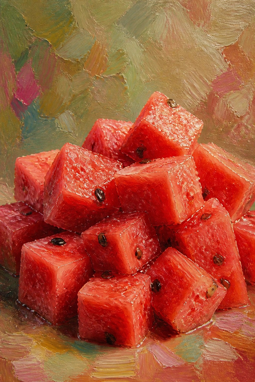 An oil painting of red watermelon cubes stacked in a pile with visible seeds and a textured painted background.