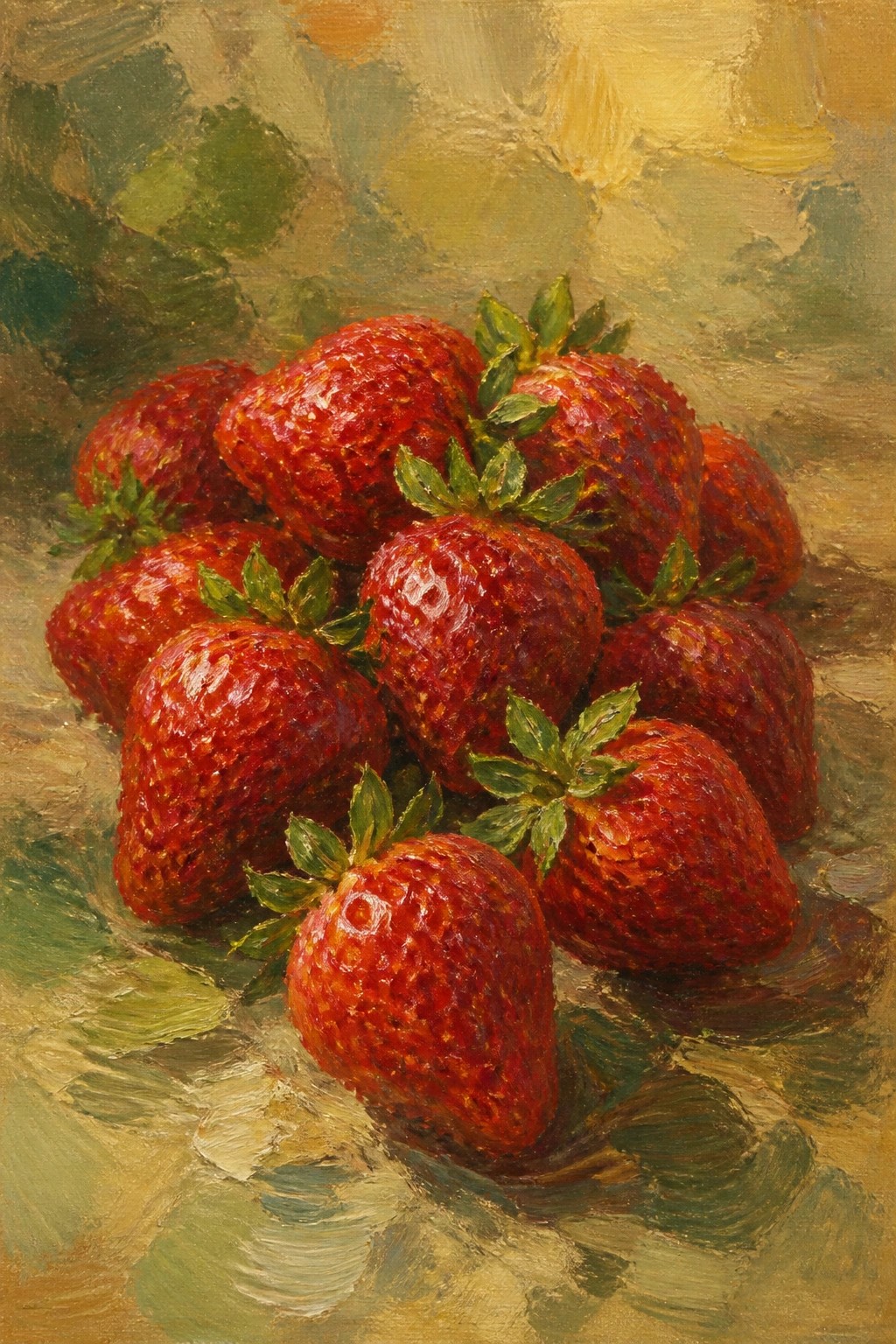 Realistic oil painting of glossy red strawberries piled with green leaves.