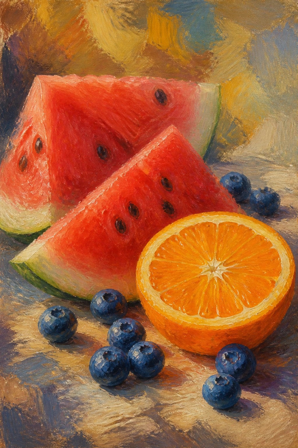 An oil painting of watermelon slices, a cut orange, and scattered blueberries on a surface with a colorful abstract background.