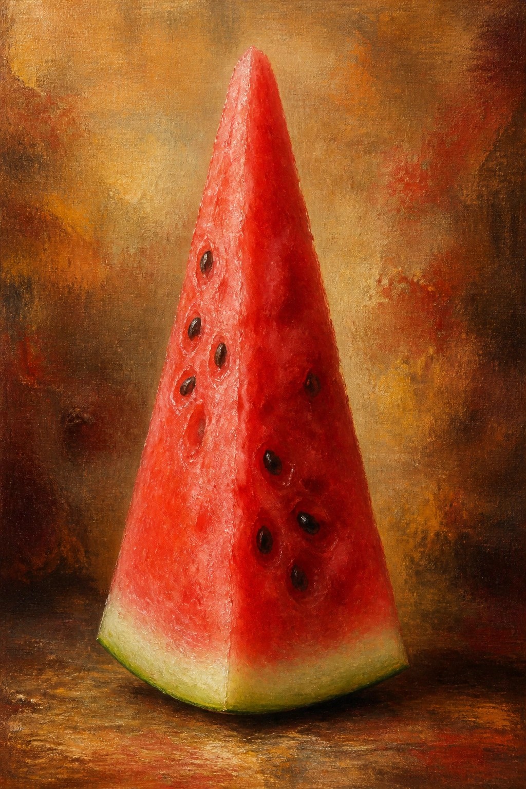 An oil painting of a single upright watermelon slice with black seeds against a warm textured background.