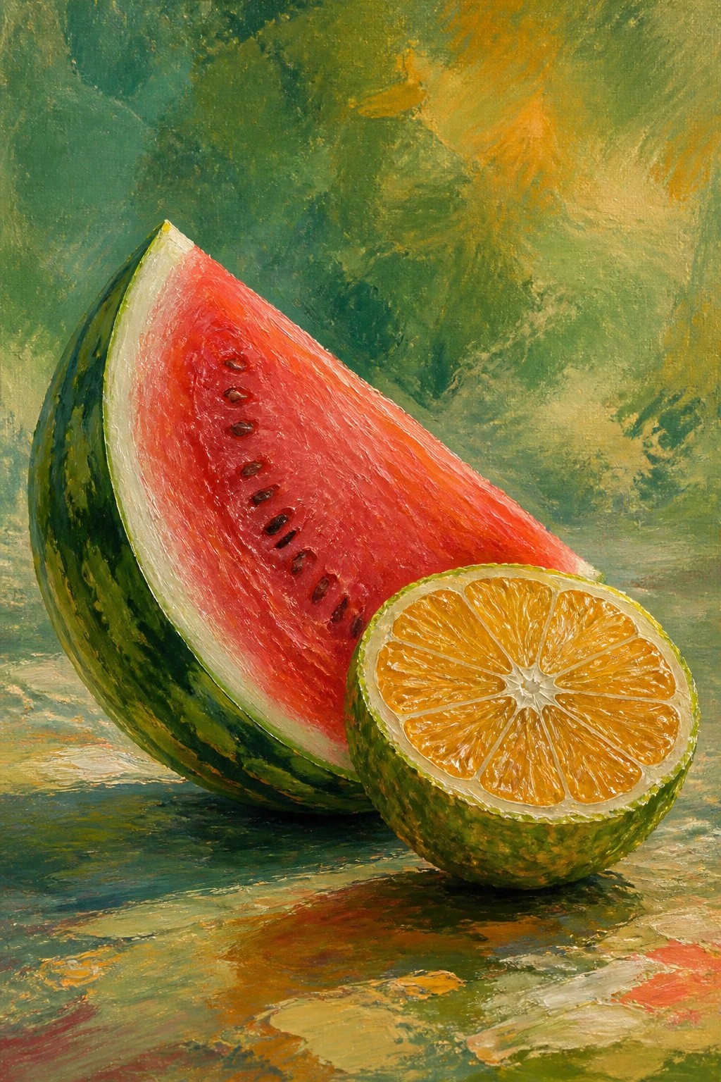 Watermelon slice beside halved citrus on abstract green-orange painted surface
