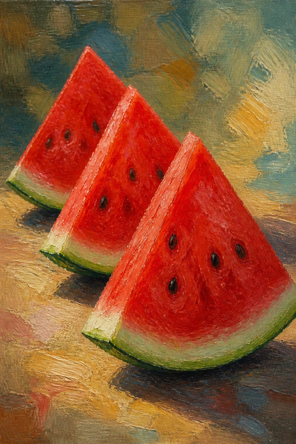 An oil painting shows three watermelon slices on a textured surface with a blended colorful background.