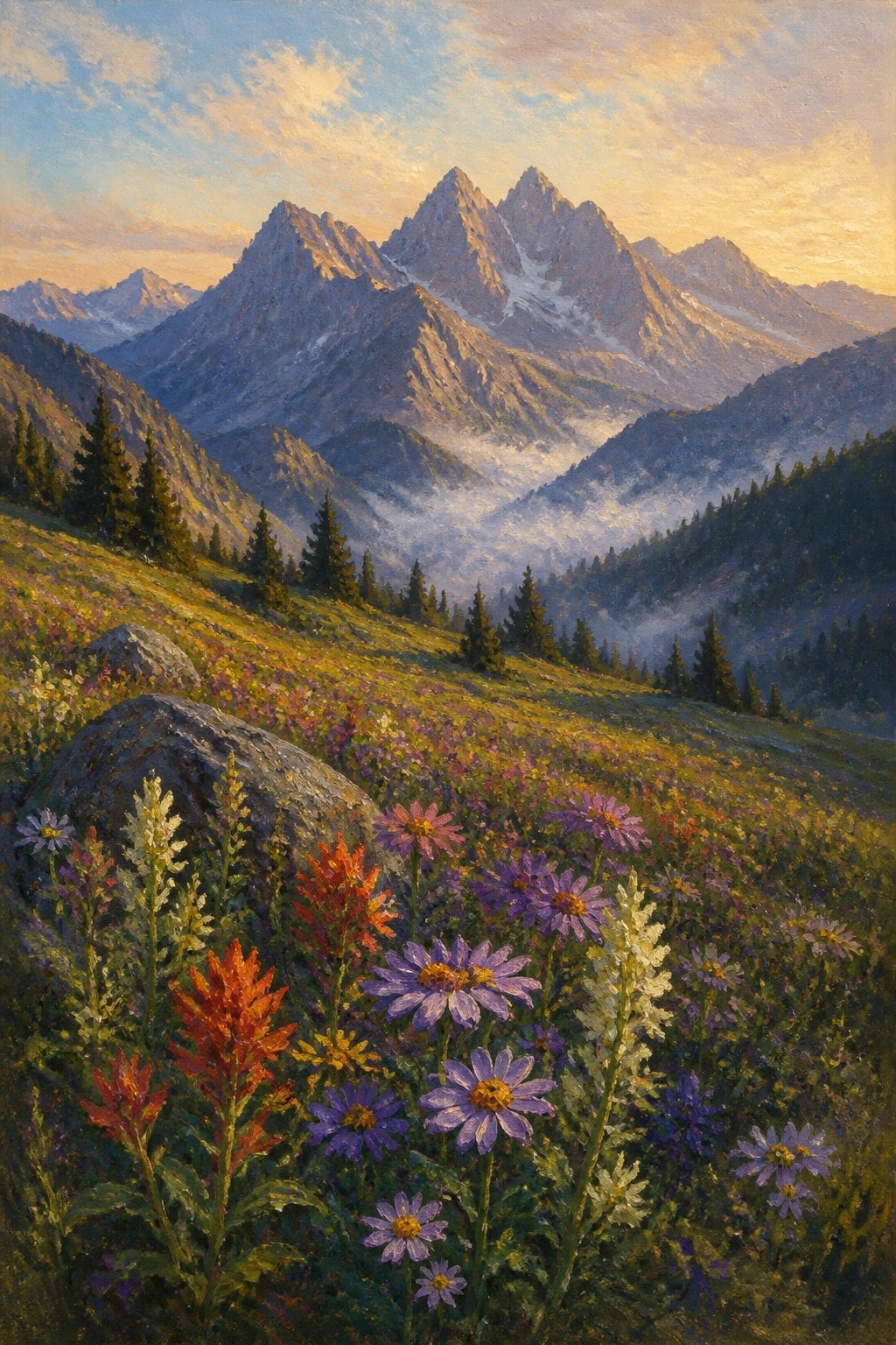 Vibrant wildflowers blooming on misty mountainside at golden sunrise.