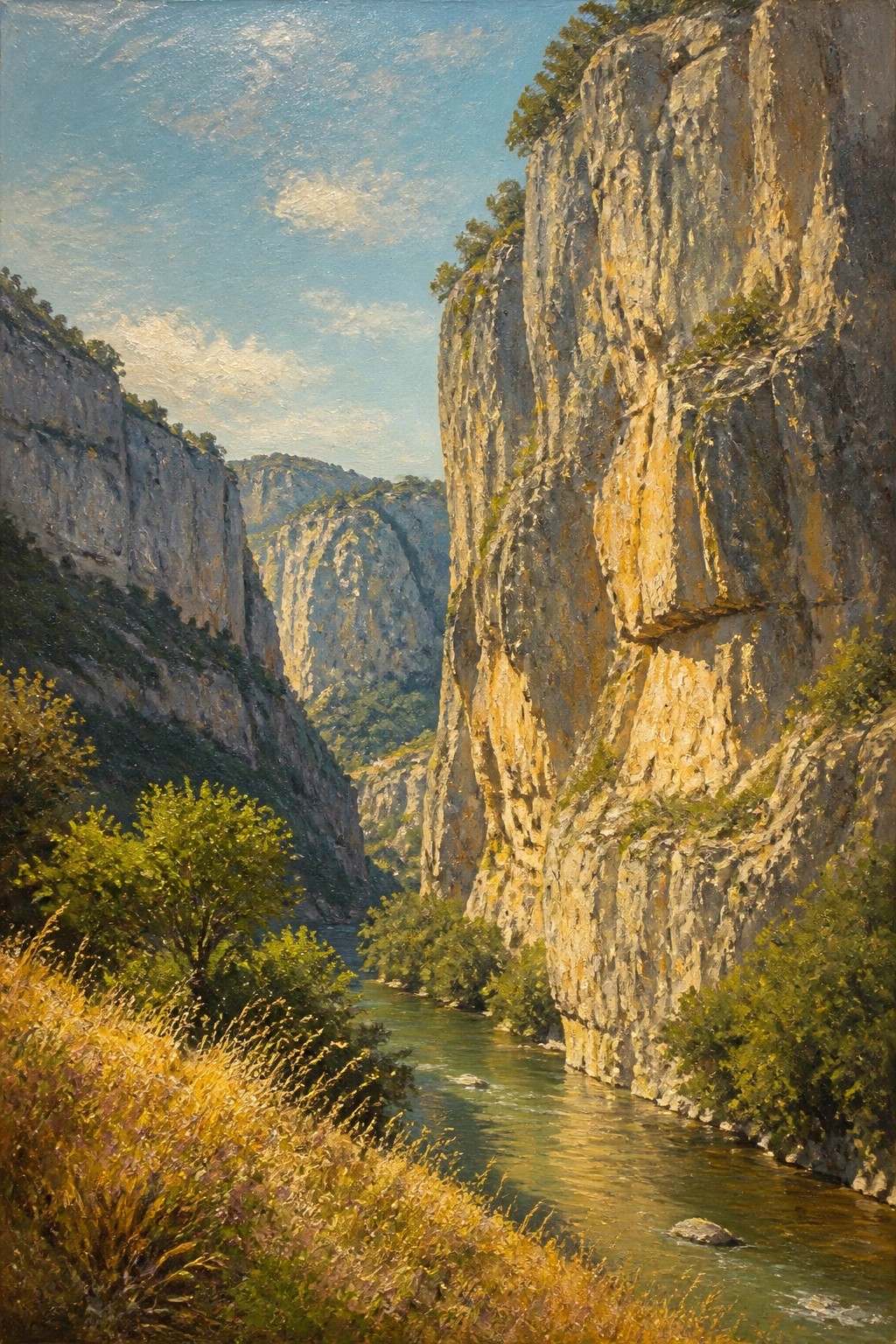 An oil painting of a river flowing through a deep rocky canyon with steep cliffs and green vegetation under a blue sky.