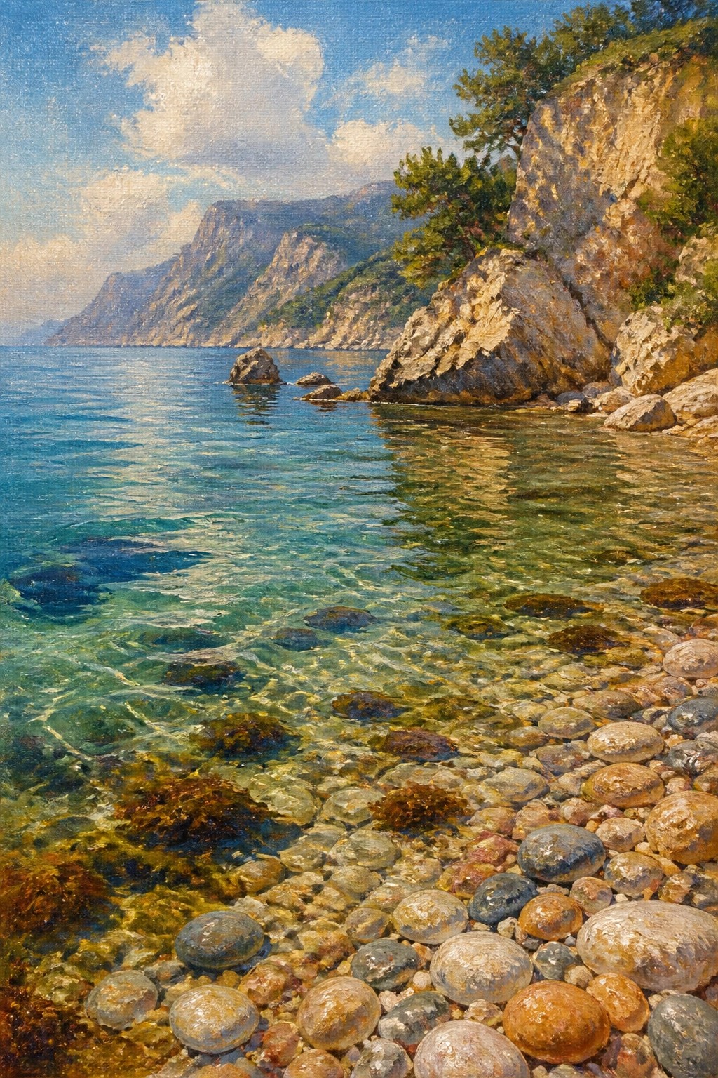 Clear turquoise water laps over pebbles beside rugged cliffs and mountains.