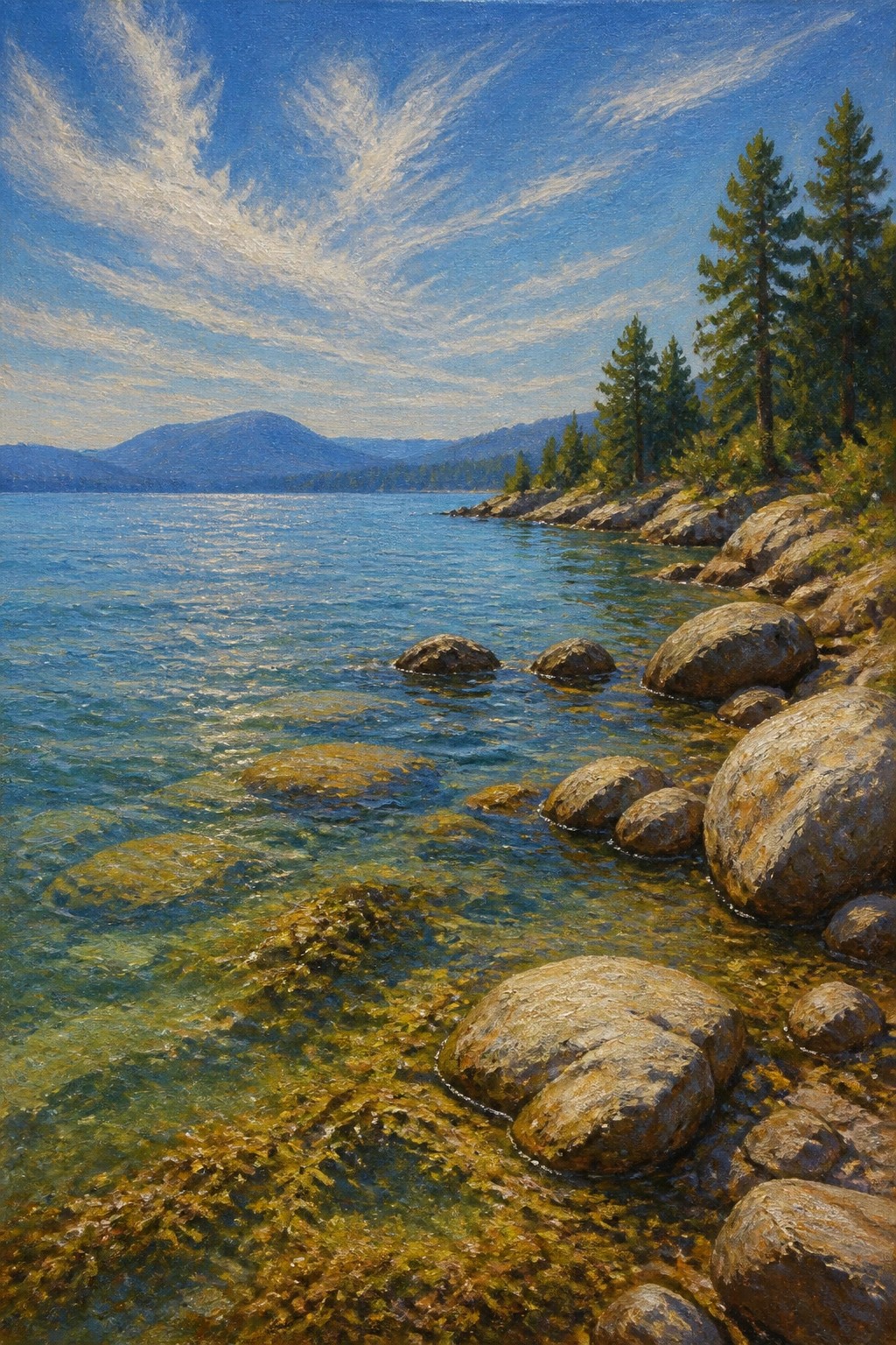 An oil painting of a clear blue lake with rocks visible underwater along a rocky shore lined with pine trees and mountains in the background under a blue sky.
