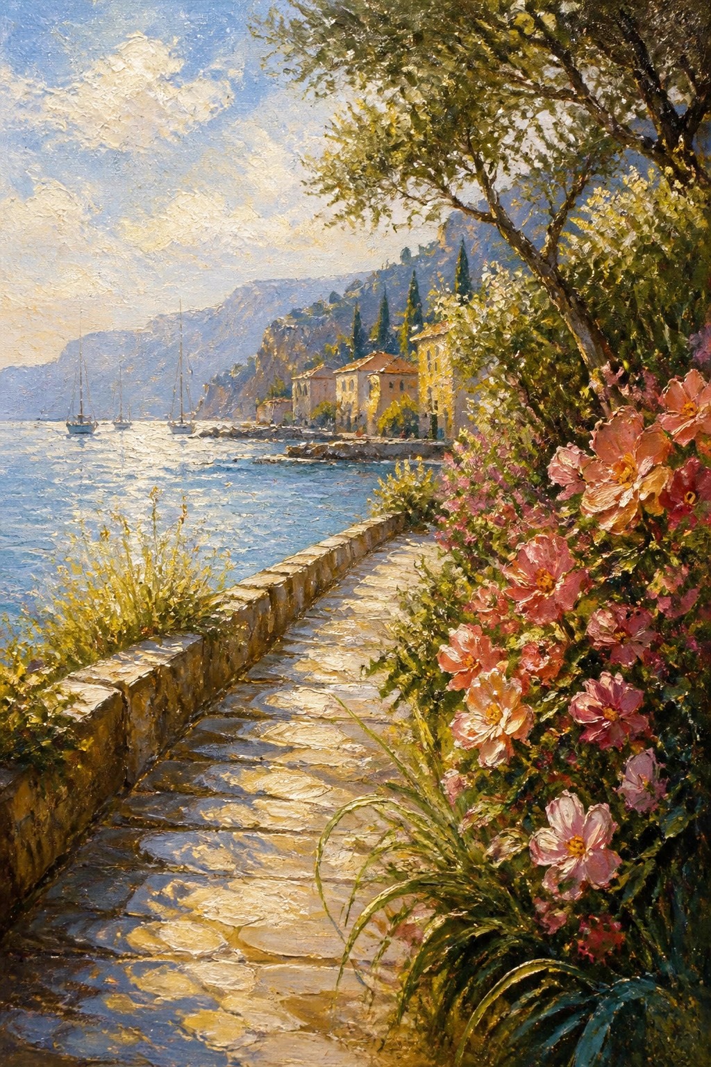 Sunlit stone path lined with pink flowers beside sailboat-filled sea and hills.