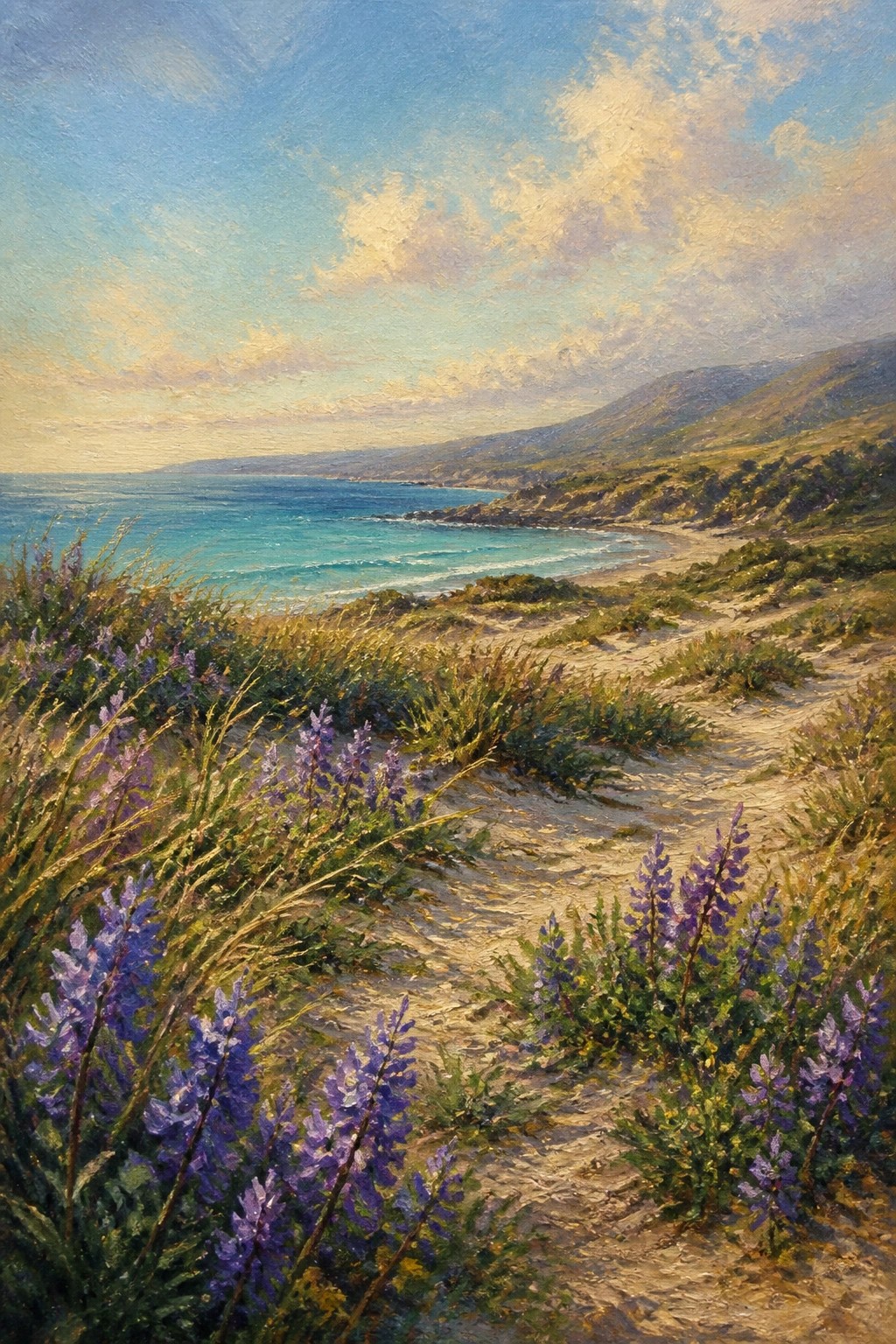 Purple wildflowers border sandy path to turquoise ocean and distant green hills