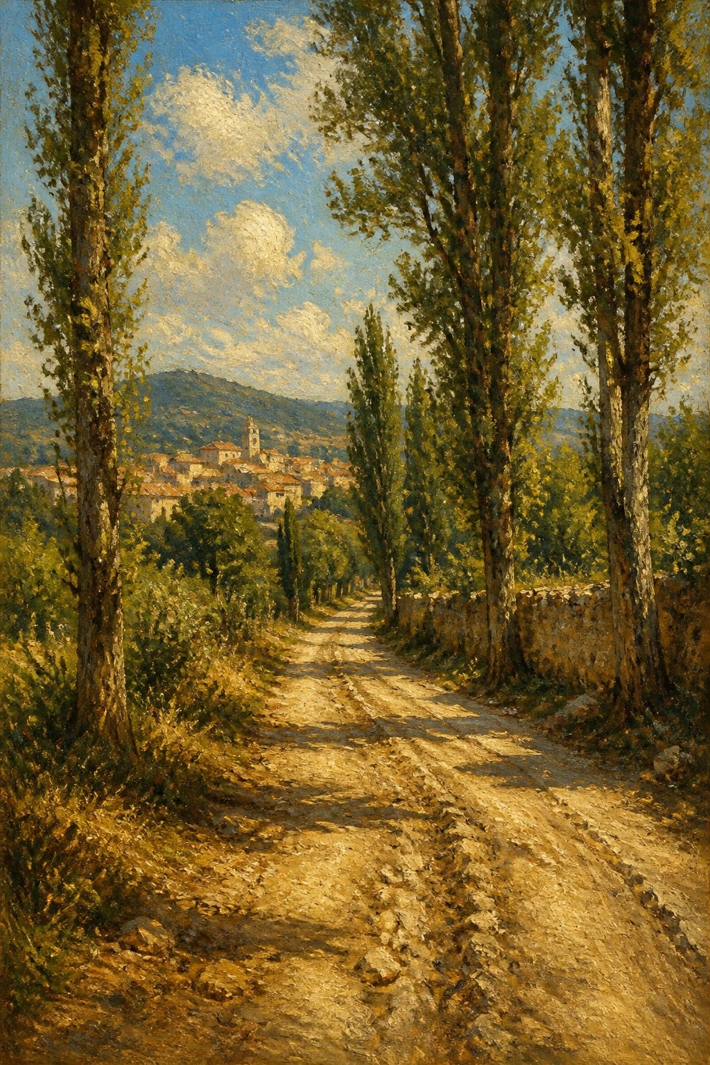 Sunlit dirt road lined with tall trees leading to hillside village with mountains beyond