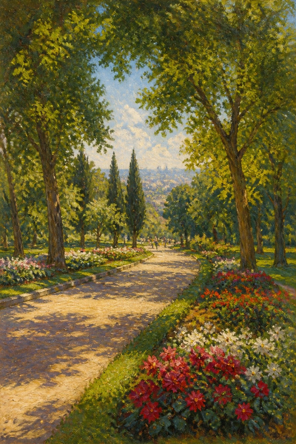 Sunny park path lined with vibrant red and white flowers under leafy green trees