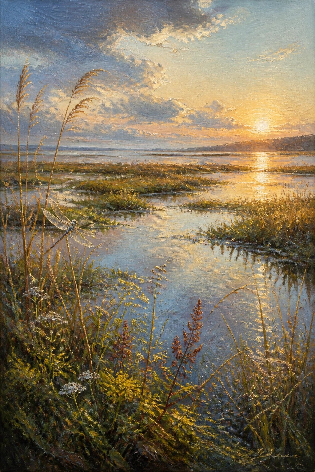 Dragonfly on reed amid grasses in sunlit marsh at golden sunset with reflections