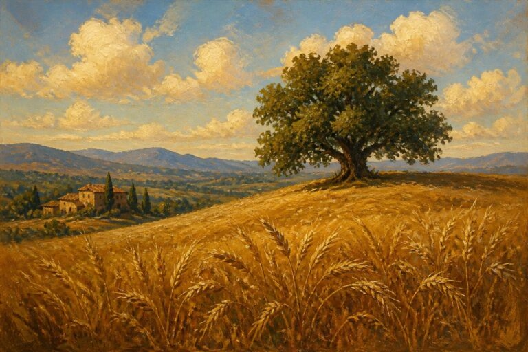 Golden wheat fields with lone tree and distant villa amid rolling hills under blue sky