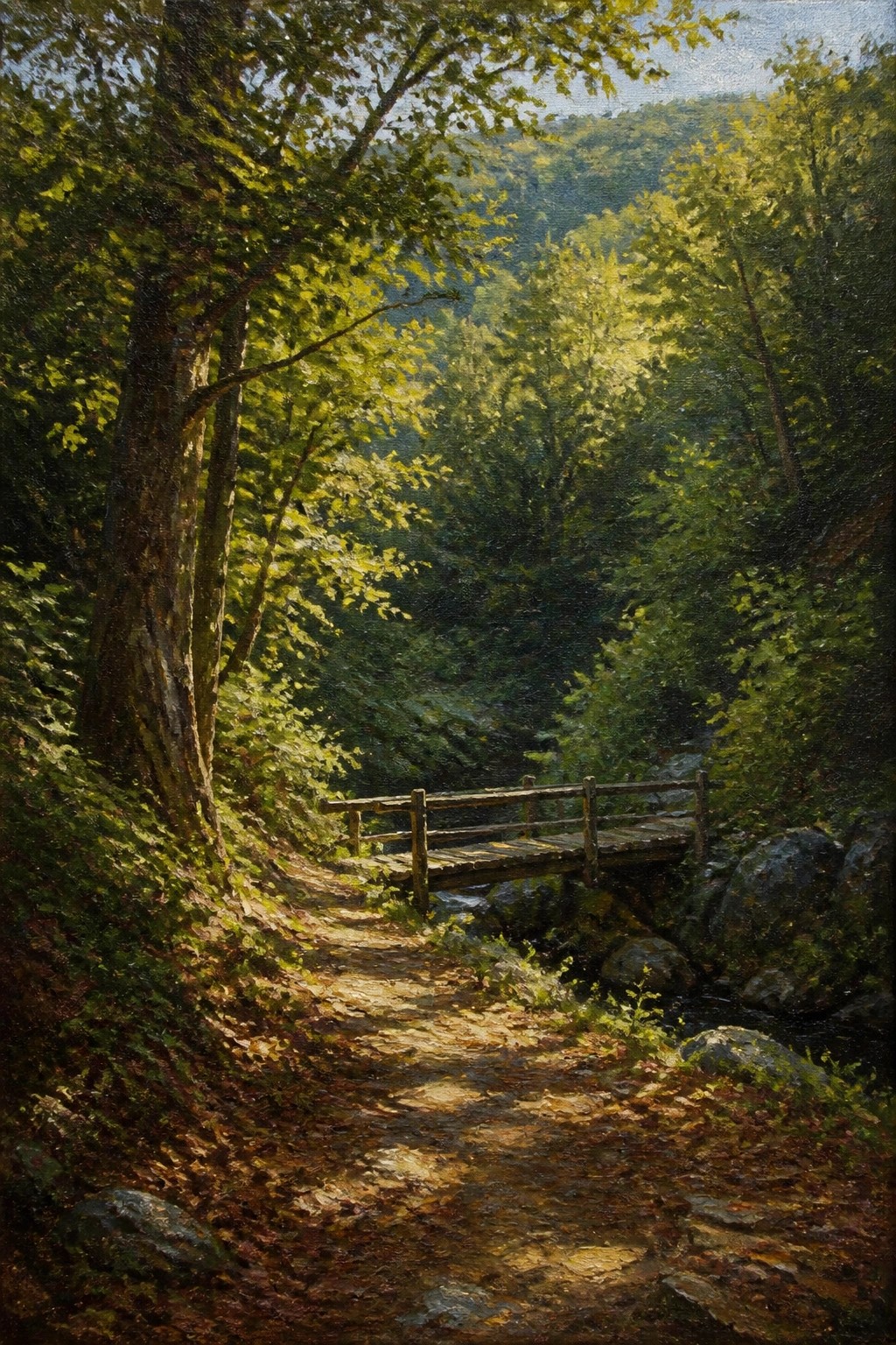 Sunlit dirt path leading to wooden bridge over stream in lush forest