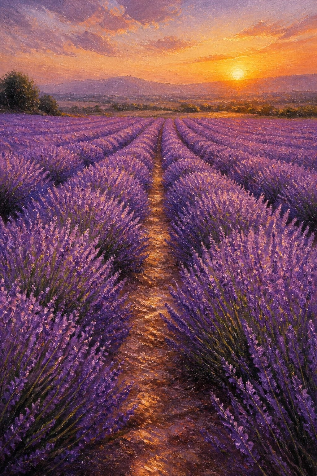 An oil painting of lavender rows with a dirt path leading toward a bright orange sunset over distant mountains.