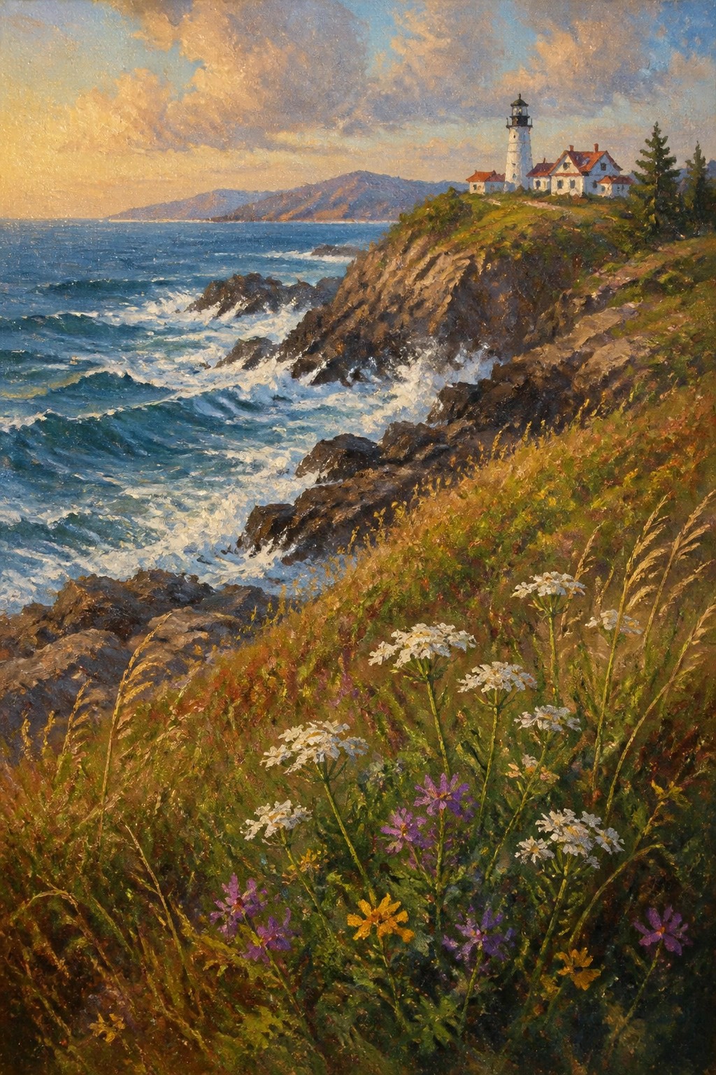 Lighthouse on rocky cliff above crashing waves, with wildflowers blooming in foreground at sunset.