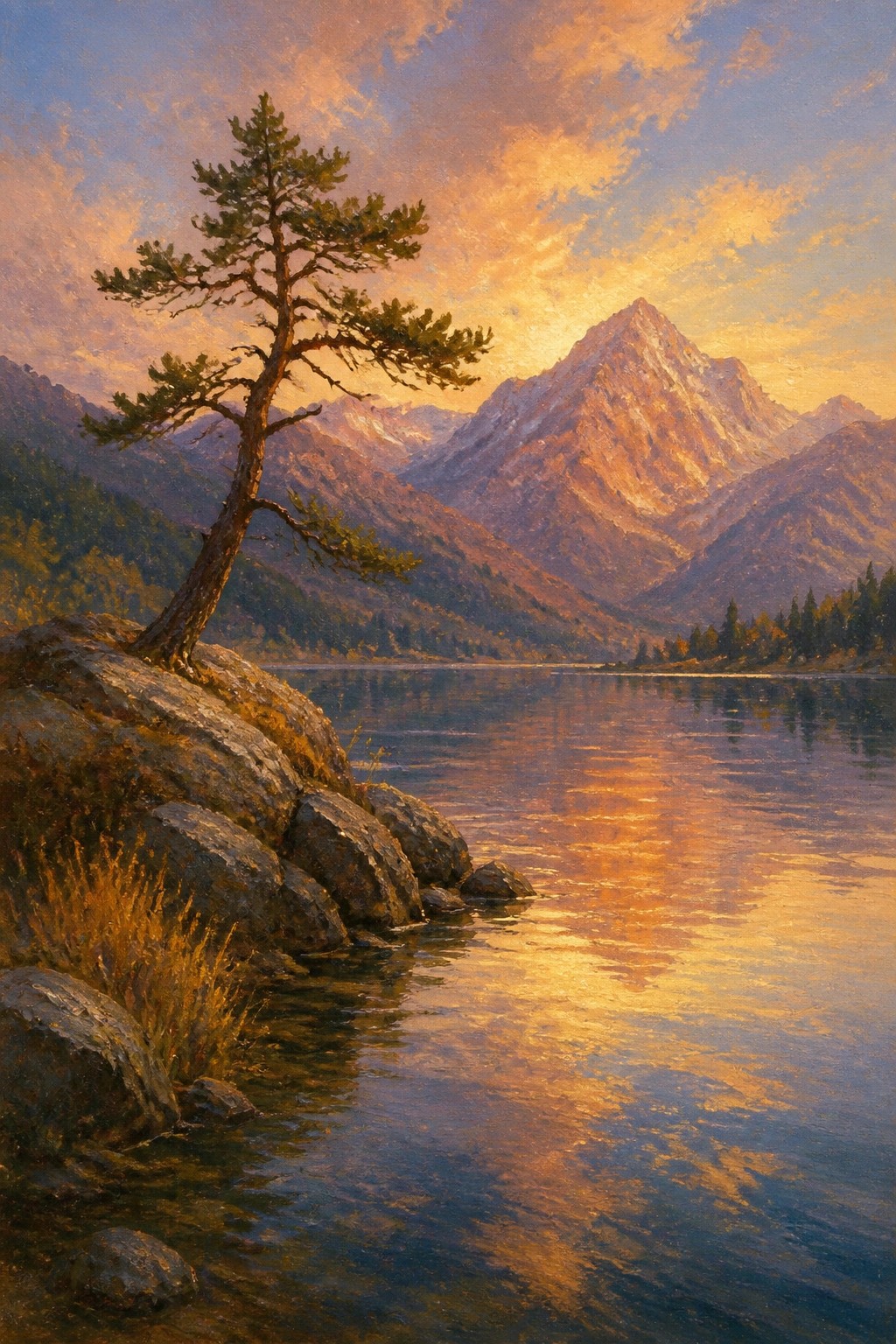 Solitary pine tree on rocky shore by reflective lake with golden sunset mountains