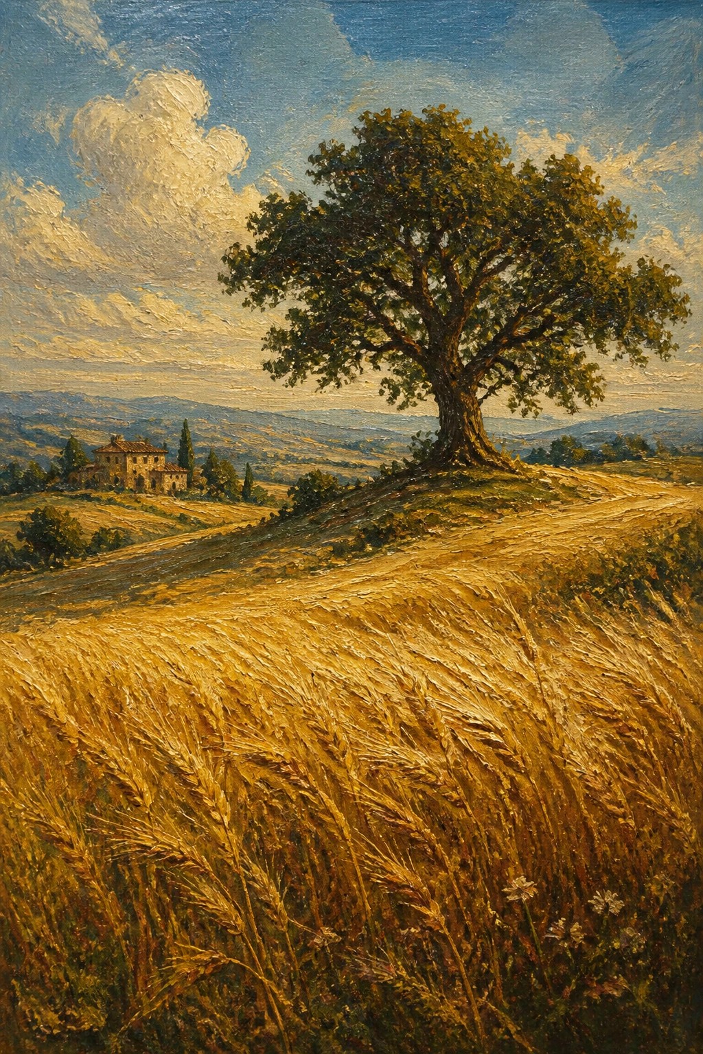Golden wheat fields with lone tree and distant villa amid rolling hills under blue sky