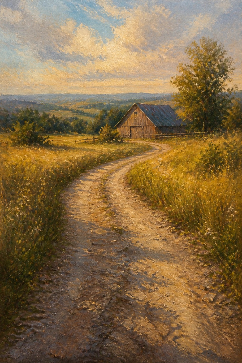 Winding dirt path leads to rustic barn amid sunlit wildflower fields and hills.