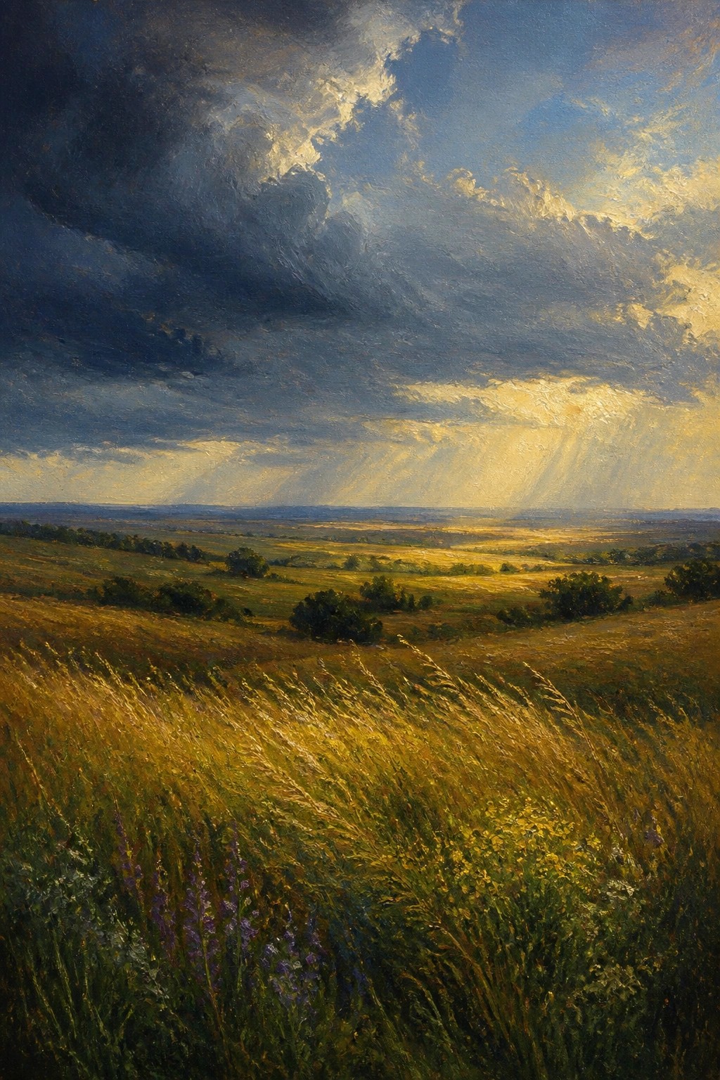 A realistic oil painting of rolling fields with golden grass and wildflowers under a dark stormy sky with bright sunlight rays breaking through the clouds.