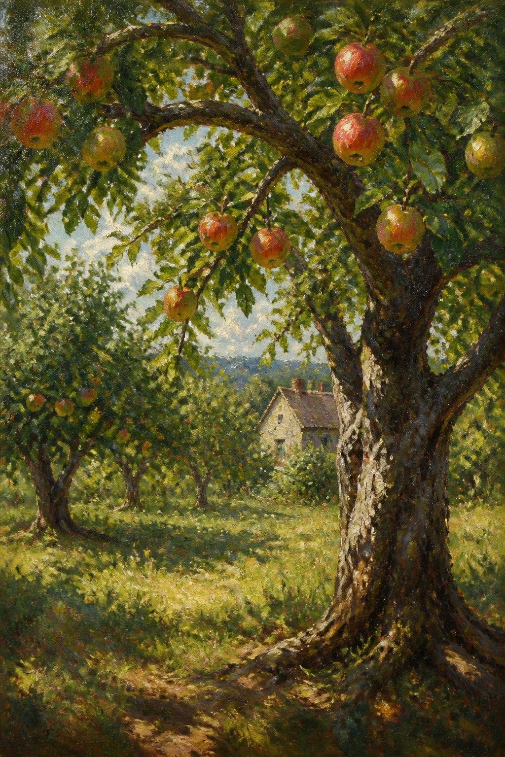 Sunlit orchard with gnarled apple tree heavy with red fruit and distant stone cottage.