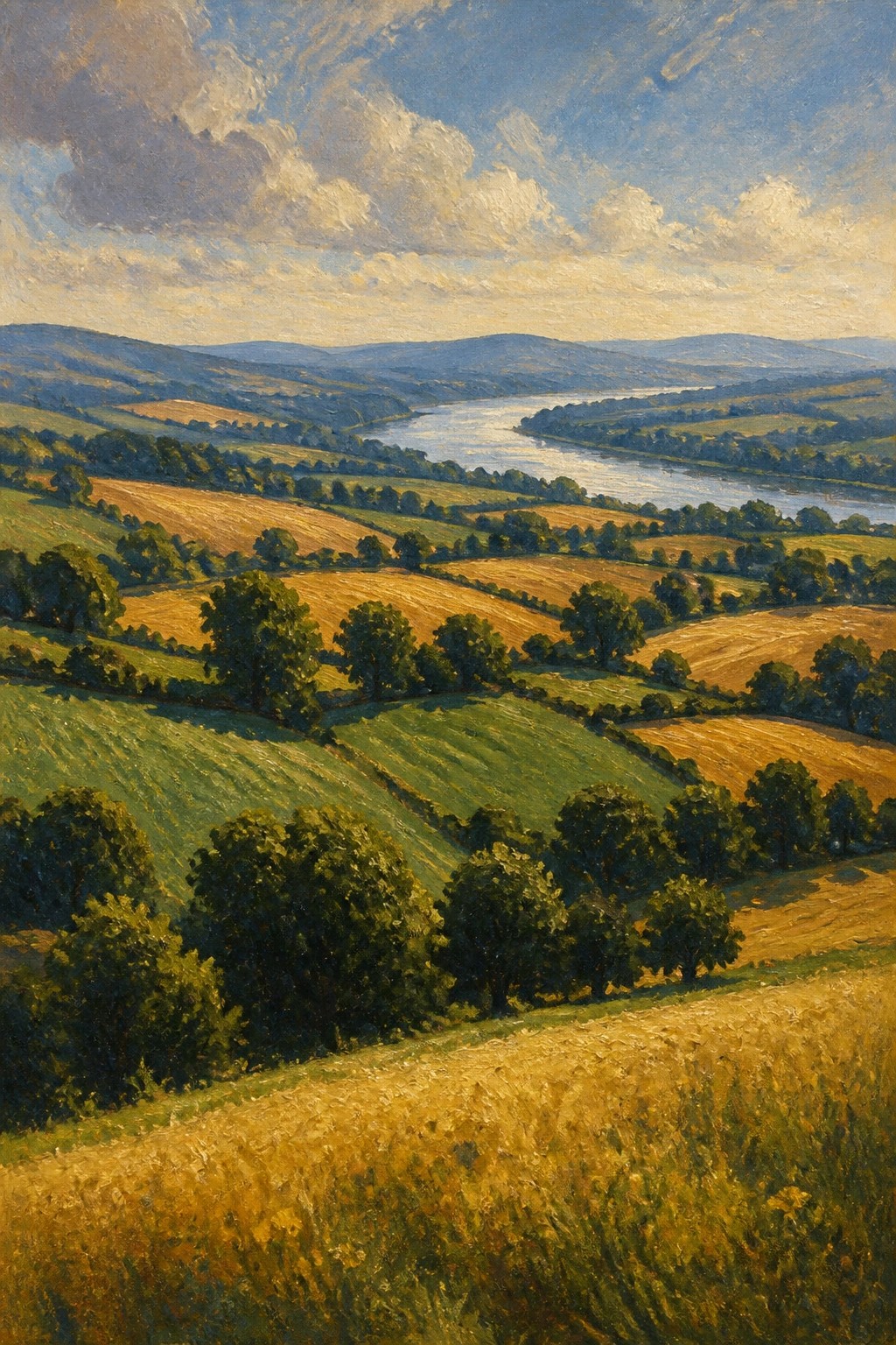 Rolling hills with golden fields, green meadows, trees, and winding river under blue sky.