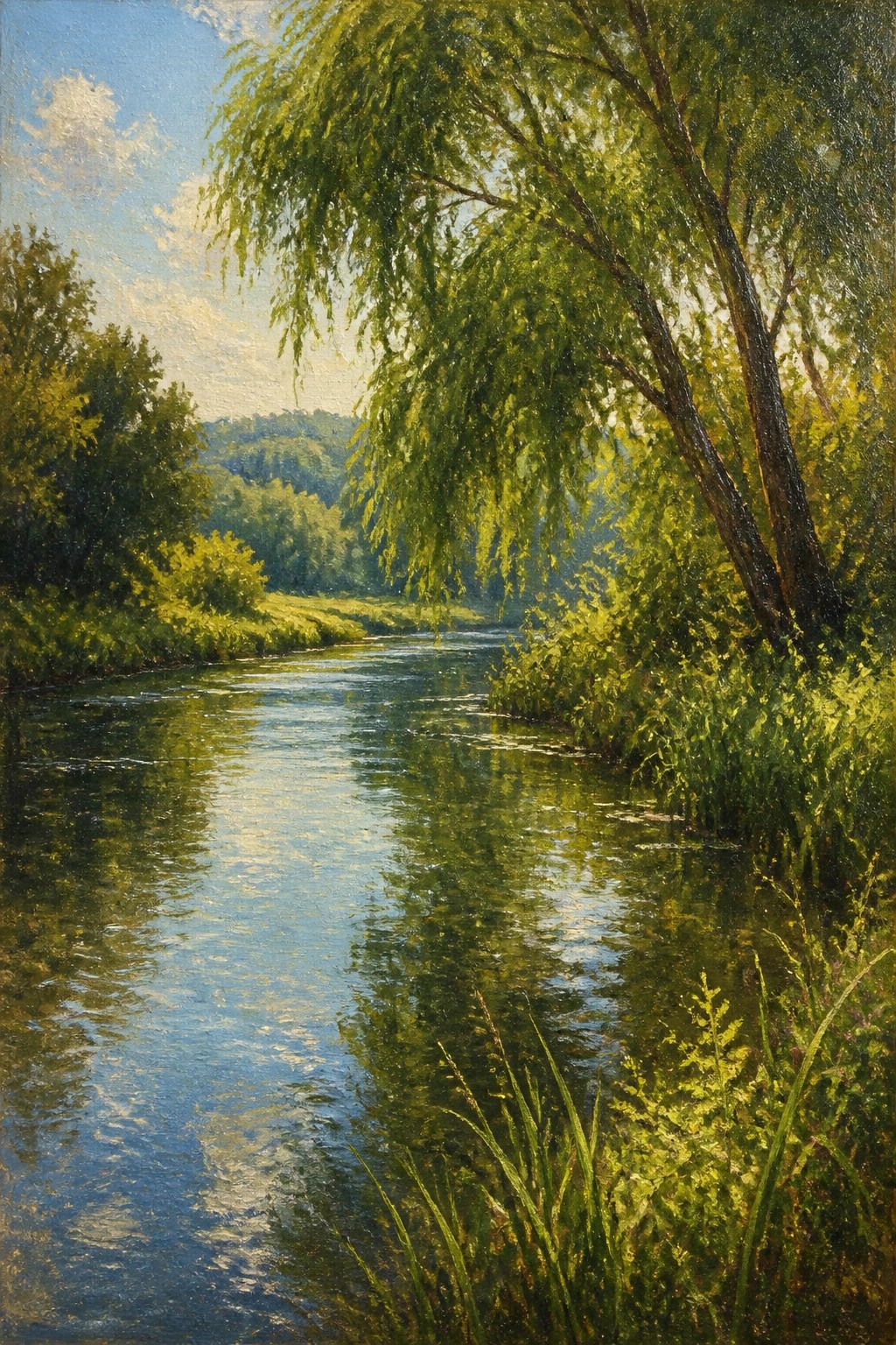 Calm river reflecting sunlight beside weeping willow amid lush green foliage and hills.