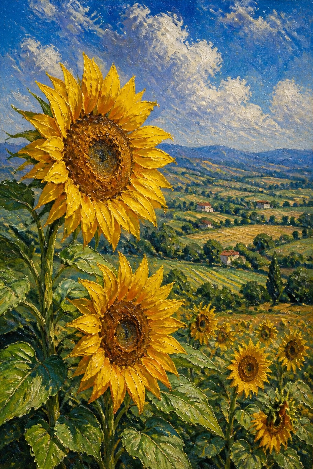 Vibrant yellow sunflowers overlook rolling hills, fields, and distant houses under blue skies.