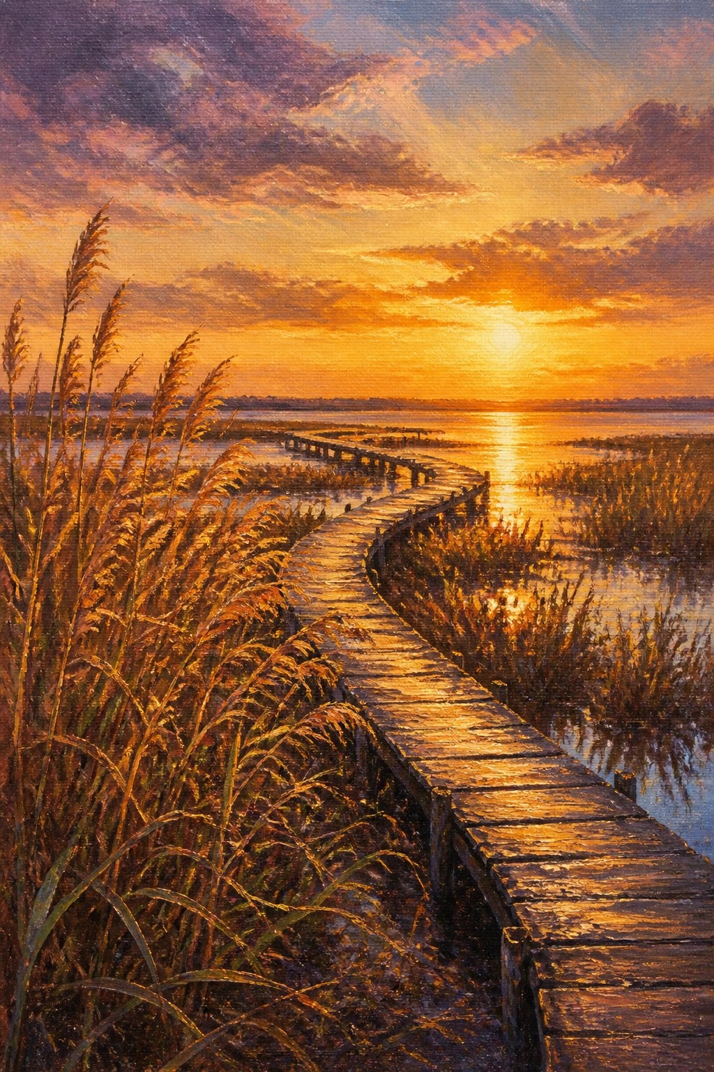 Golden sunset over winding wooden boardwalk through glowing marsh reeds and water.