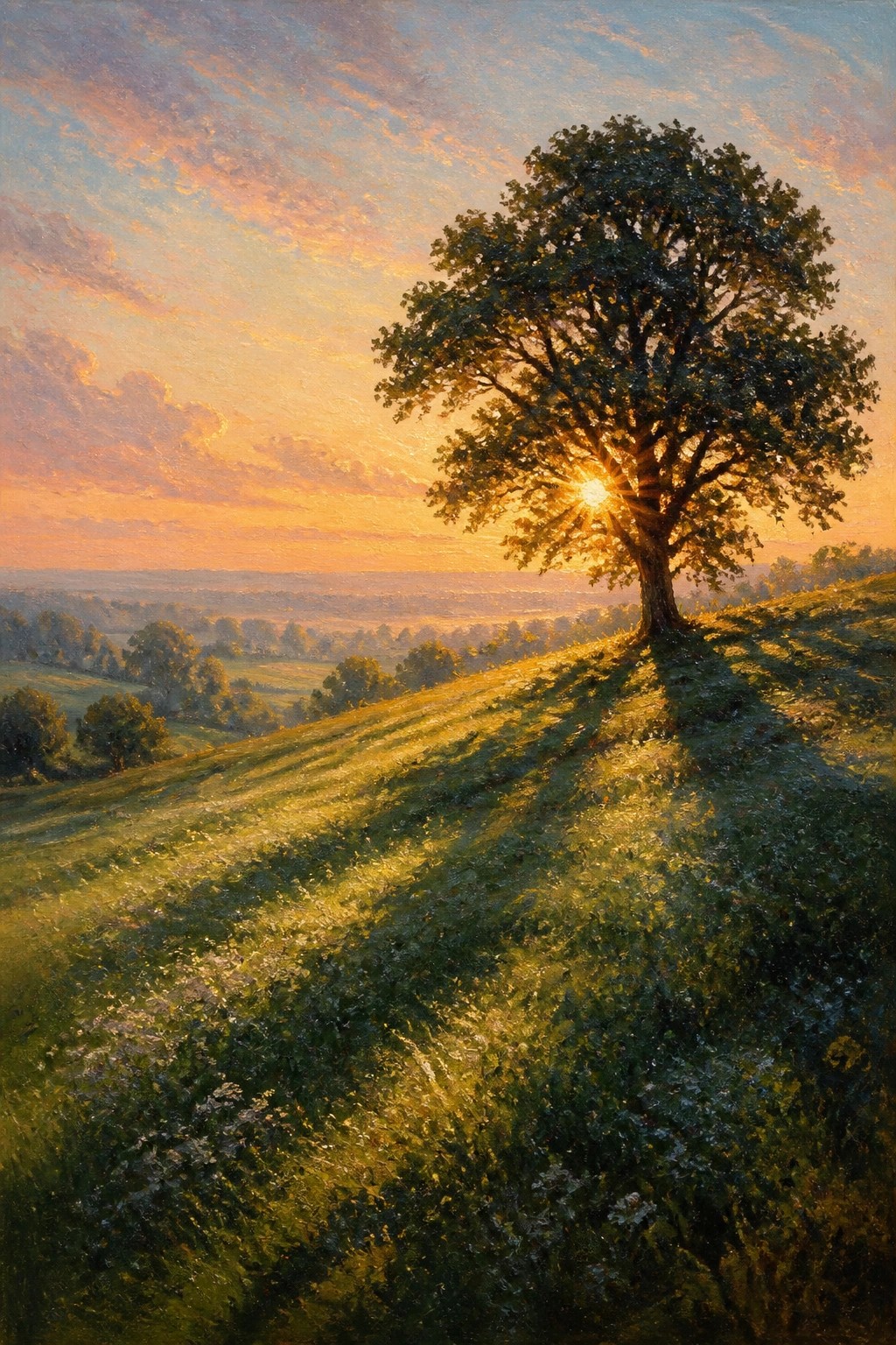 Majestic tree glowing at sunset on a flower-dotted grassy hillside with long shadows.